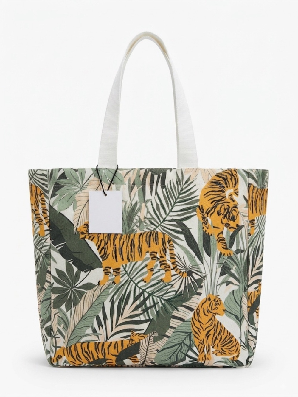 Canvas Tiger Print Tote Bag in Green and Mustard with beads 16*16*5